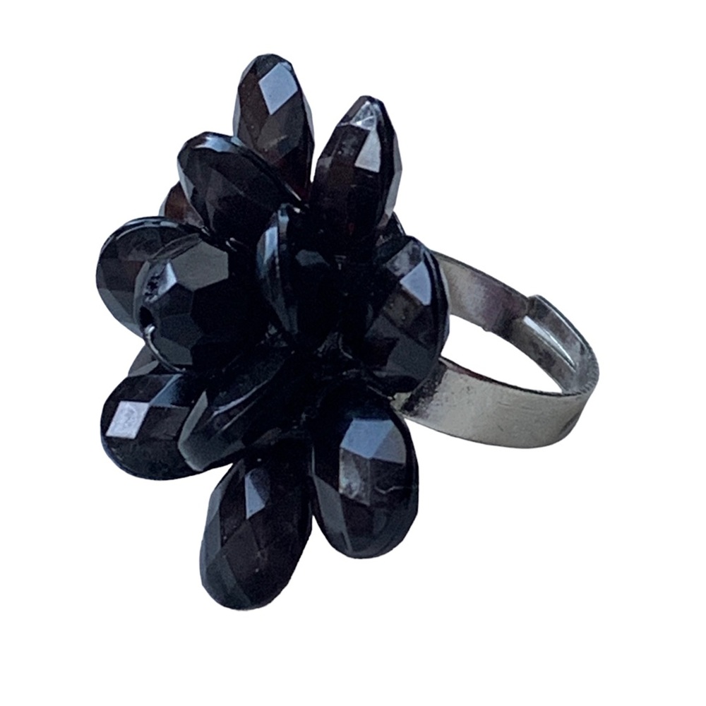 Black Flower Faceted Beaded Adjustable Silver plated Band Ring Women’s Jewelry